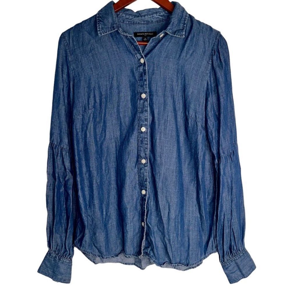 Banana Republic Women S 100% Lyocell Classic Blue Denim Chambray Button Down Top